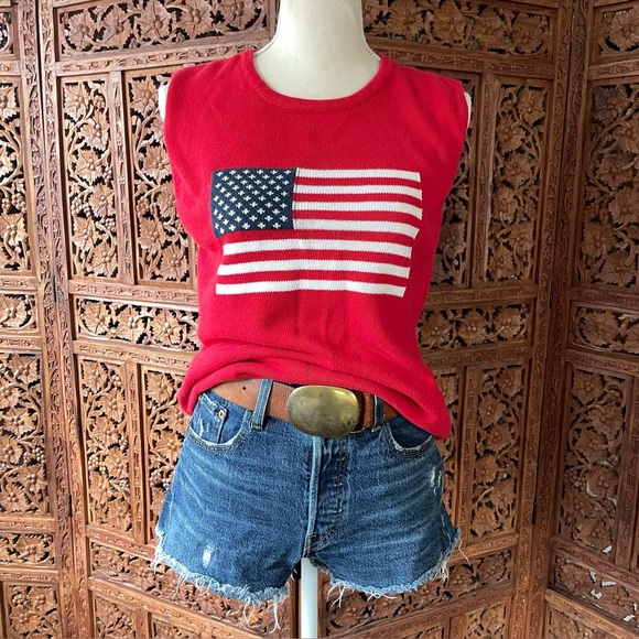 American Vintage Tops - Vintage Red Sleeveless American Flag Patriotic Knit Top